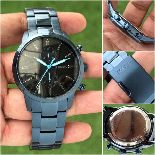 his 44mm Bronson features a black satin dial, chronograph movement and a blue metal strap. ✅ - Image 4